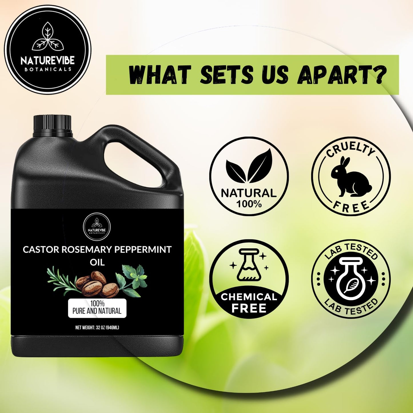 Naturevibe Botanicals Castor with Rosemary and Peppermint Oil 32 Ounces | 100% Pure and Natural | Great for Skin Care and Hair Care