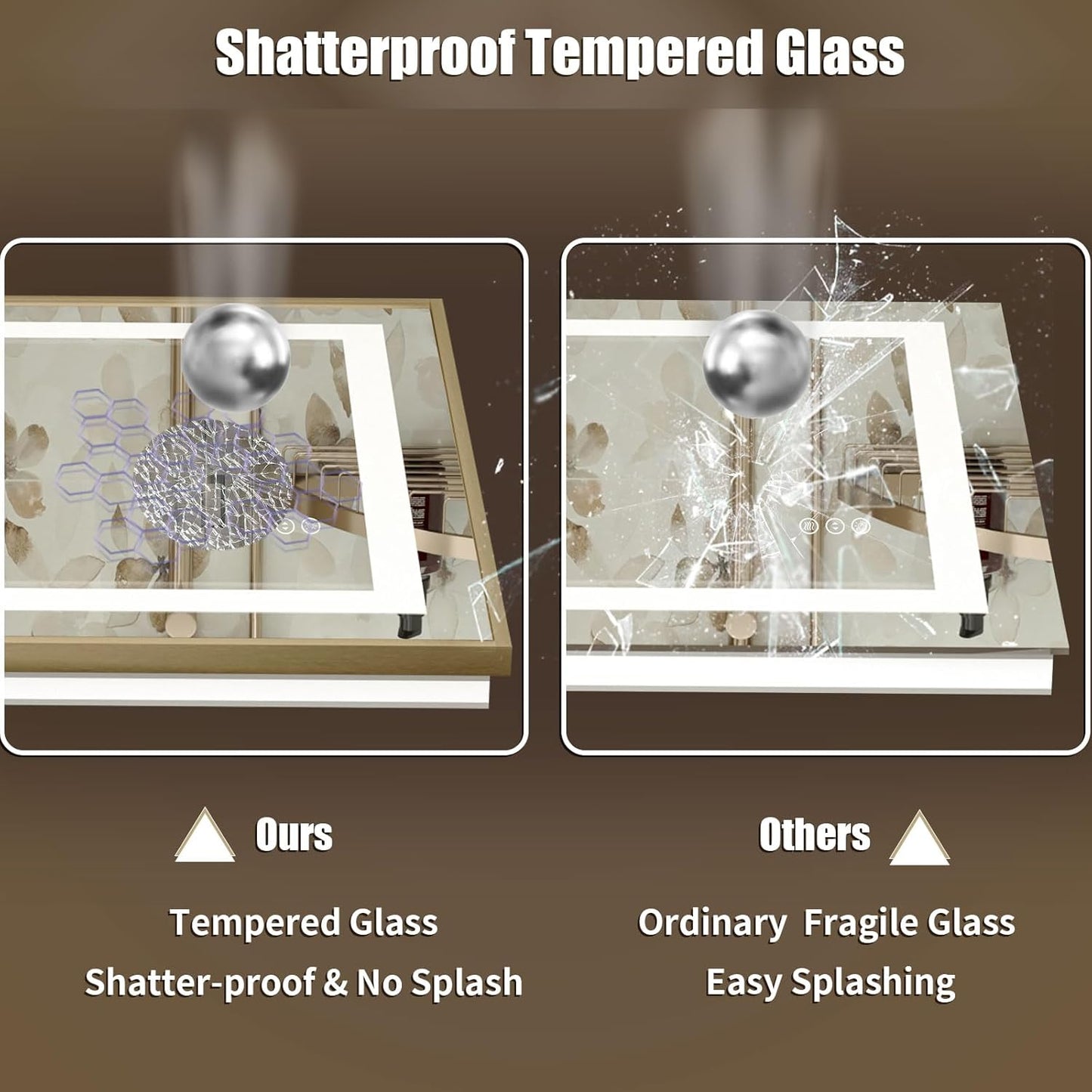 OKPAL 44x30 Gold Lighted Bathroom Mirror with Lights, Frontlit & Backlit LED Bathroom Mirror, Lighted Vanity Mirror, Anti-Fog, Dimmable 3 Colors, Shatterproof, Horizontal/Vertical