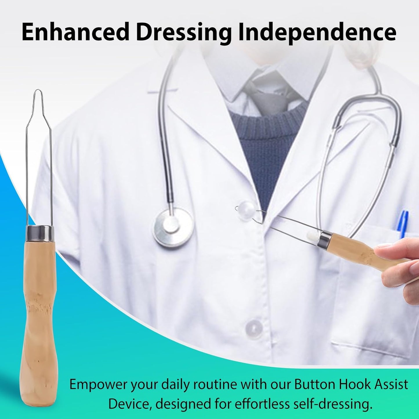 4pcs Button Hook Assist Device with Easy-Grip Wooden Handle for Shirts, Coats, Dresses - Ideal Button Aids for Arthritis & Limited Dexterity Fine Tip