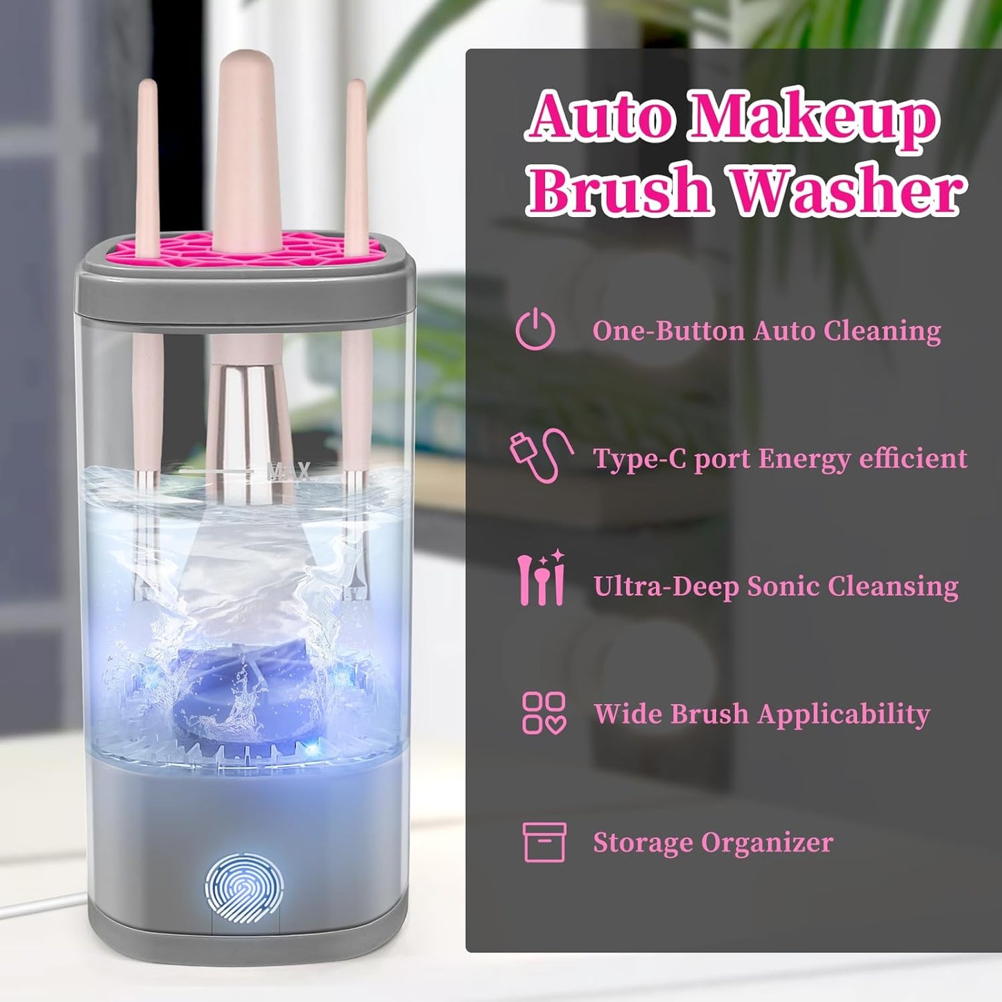 Electric Makeup Brush Cleaner Machine, Ultimate Efficient Automatic Cleaner for All Types of Makeup Brushes - Gray Pink