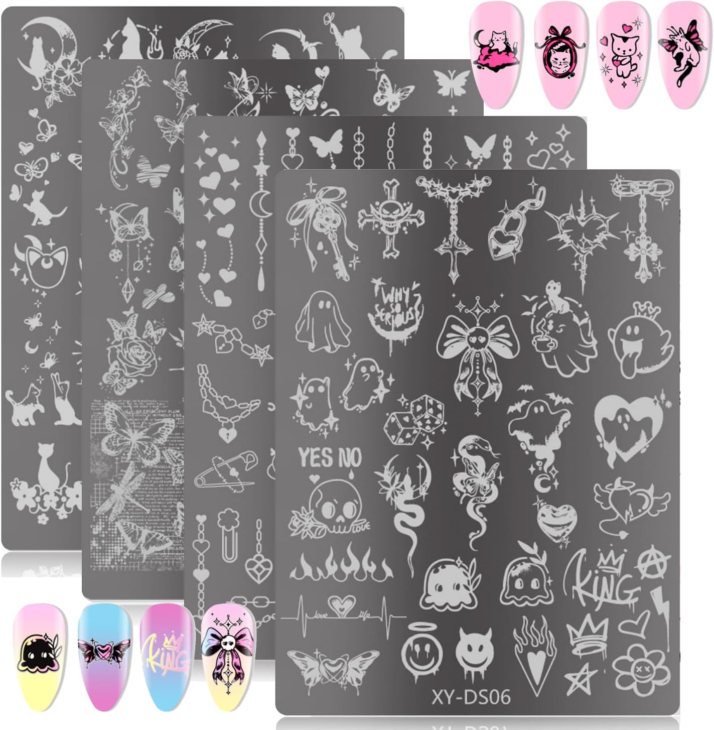 4Pcs Gothic Cute Nail Stamping Plate Set - Dark Kawaii Nail Art Templates, Stainless Steel Spooky Sweet Nail Stamp Plates with Skull & Lace Patterns for Halloween DIY Manicure Printing Tools