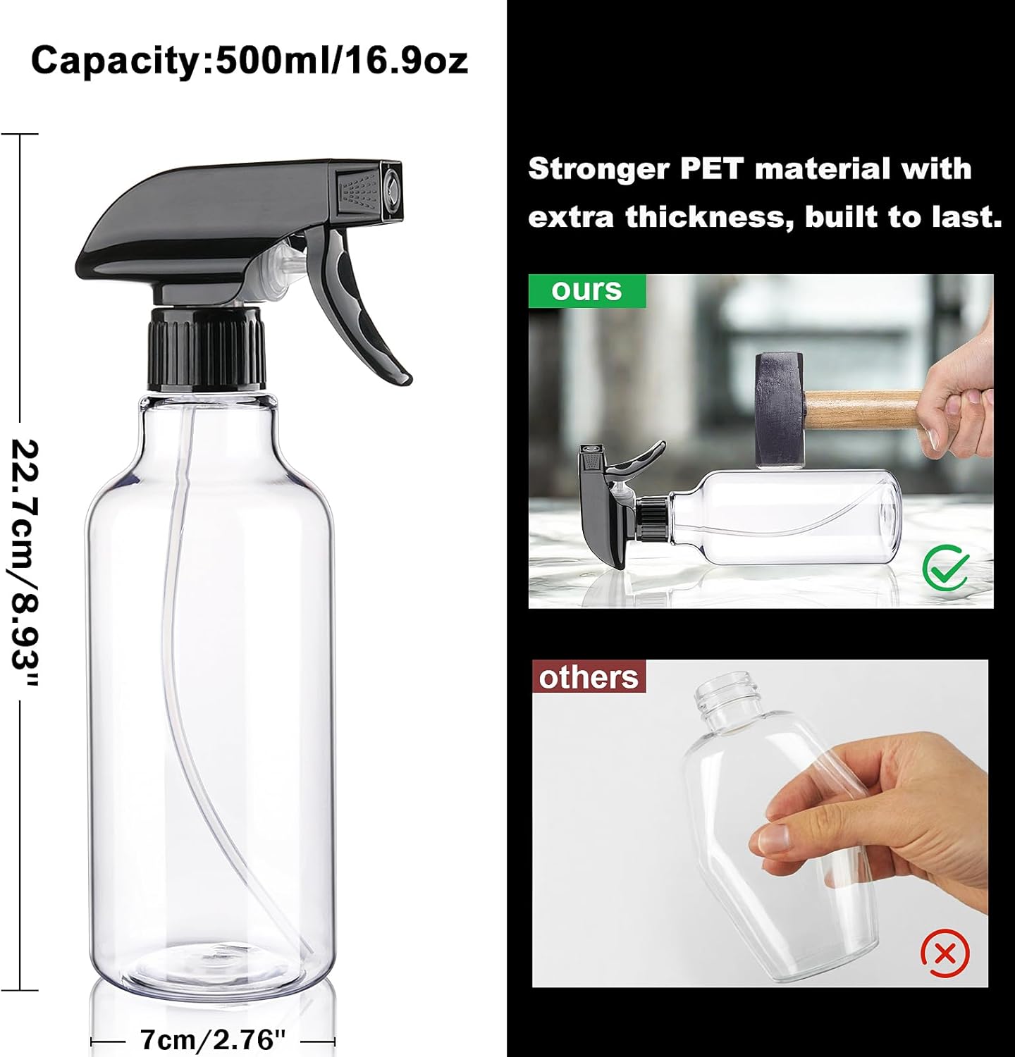 Spray Bottles Plastic Spray Bottle for Hair Mist/Stream Heavy Duty Empty Spray Bottles for Cleaning Solutions, Plants, Cooking (16.9oz-BlackClear)