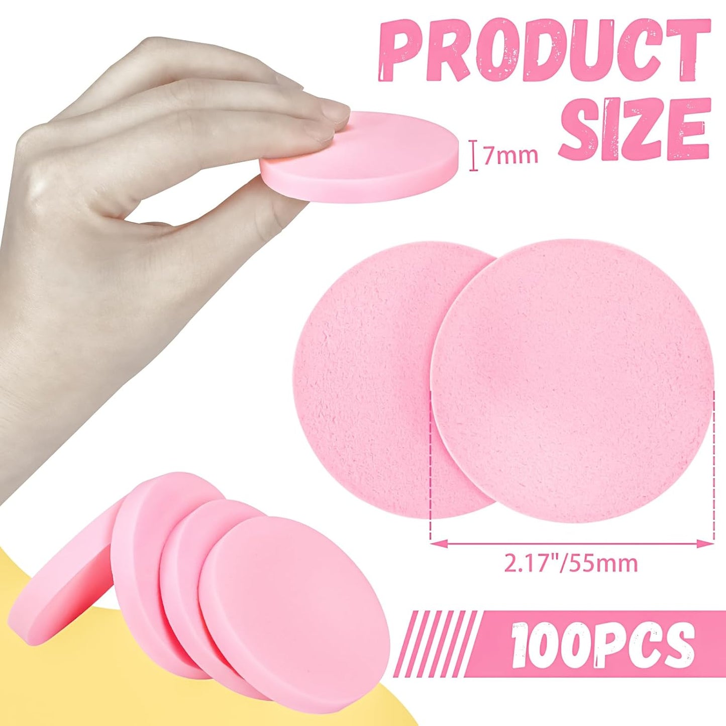 MotBach 100 PCS Pink Round Makeup Sponge, Cosmetic Sponge Round Foam Pad Eye Facial Powder Puff, Beauty Makeup Foundation Powder Blender for Women Lady All Skin Types Wet and Dry Dual Use