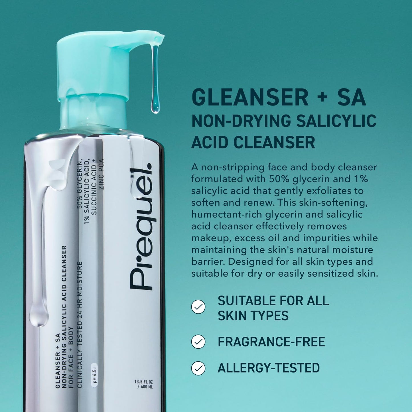 Skin Gleanser SA, Moisturizing Glycerin Face Wash,1% Salicylic Acid Face Cleanser, Unscented and Combination Skin Face Soap, 13.5 ounce (each) Pump Bottles - 6.75 fluid ounce (Pack of 2)