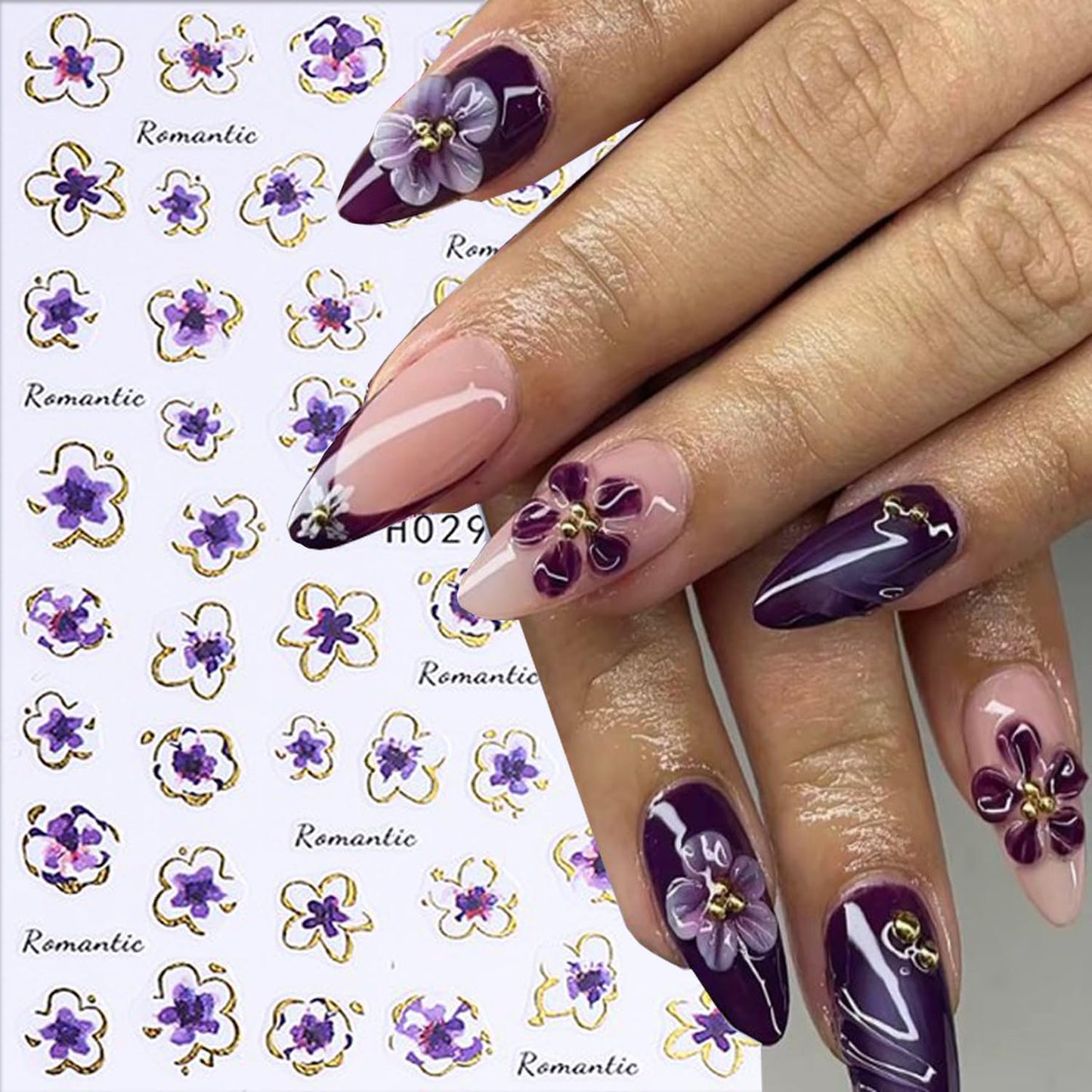 6 Sheets Flower Nail Art Stickers 3D Self-Adhesive Hot Stamping Blossom Nails Sticker Spring Nail Art Decals Holographic Floral Nails Decal Decoration for Women Flowers Manicure DIY Nail Supplies