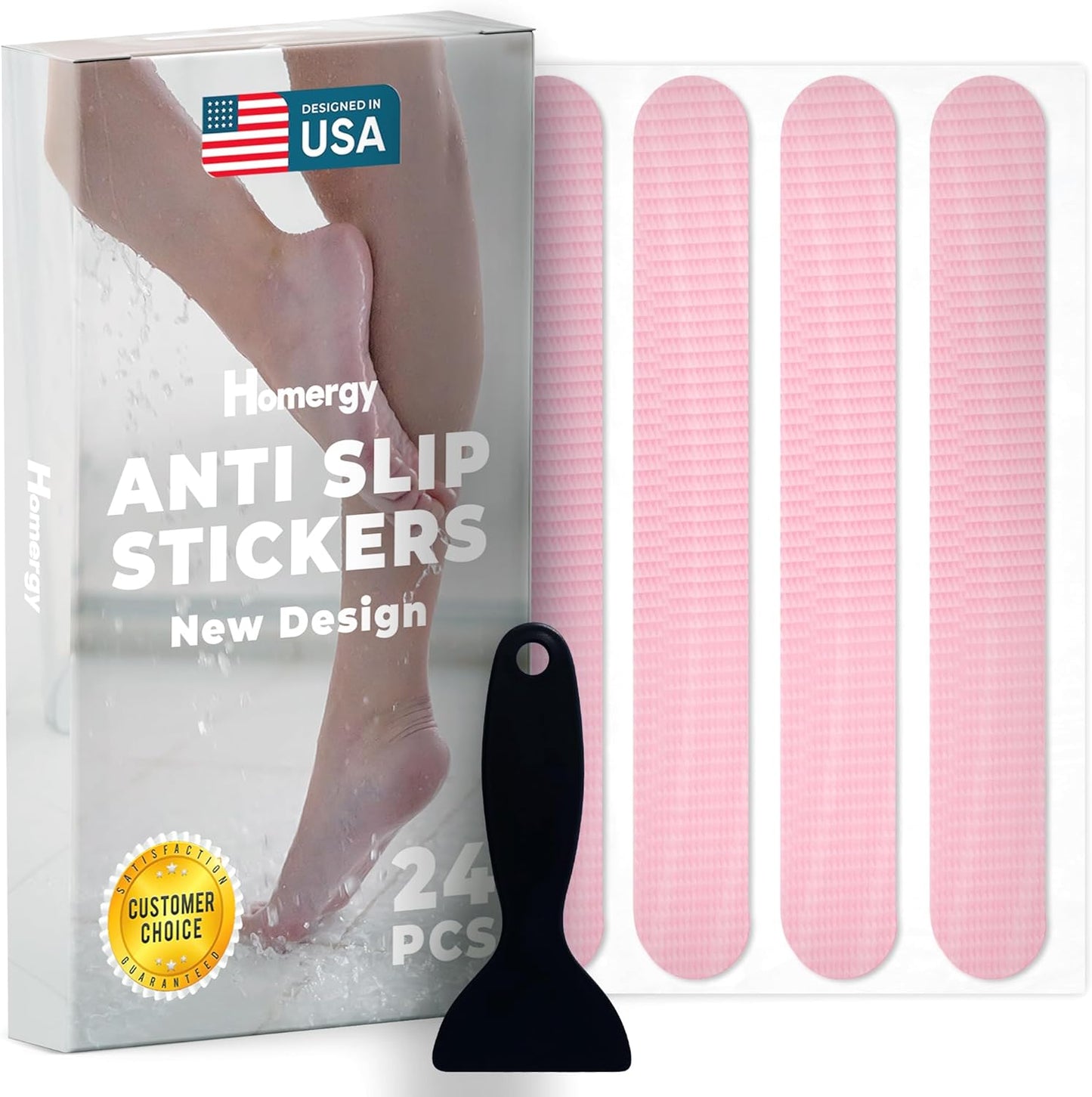Homergy Anti Slip Shower Stickers 24 PCS, Pink Non-Slip Shower Strips for Adults, Premium Adhesive Bath Tub Stickers