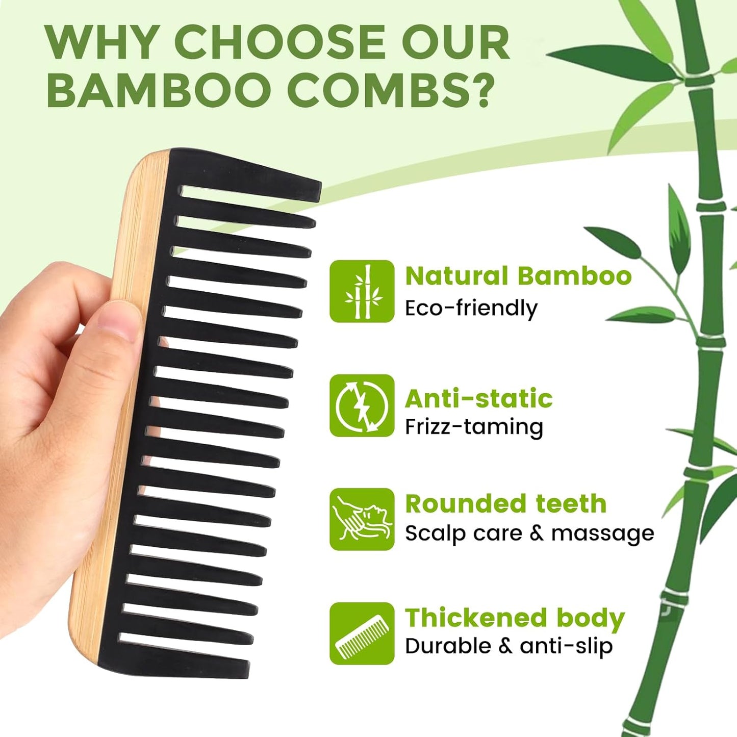 4 Pcs Natural Handmade Bamboo Hair Combs Set - Wide Tooth, Fine Tooth & Rat Tail Wooden Combs for Women Men, Anti-Static for All Hairstyles & Beard