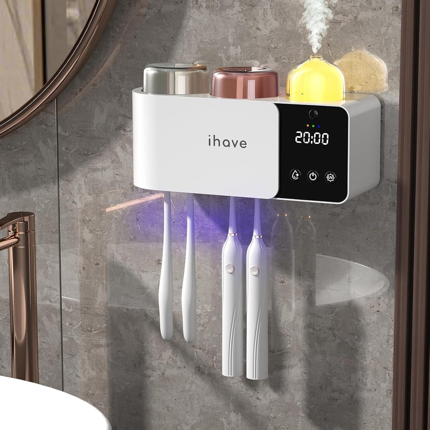 iHave Toothbrush Holders with UV Toothbrush Sanitizer, Aromatherapy Diffuser & IR Night Light - 4-Hour Smart Cruise Disinfection, Auxiliary Combo Drying - Wall-Mounted Bathroom Organizer with 2 Cups