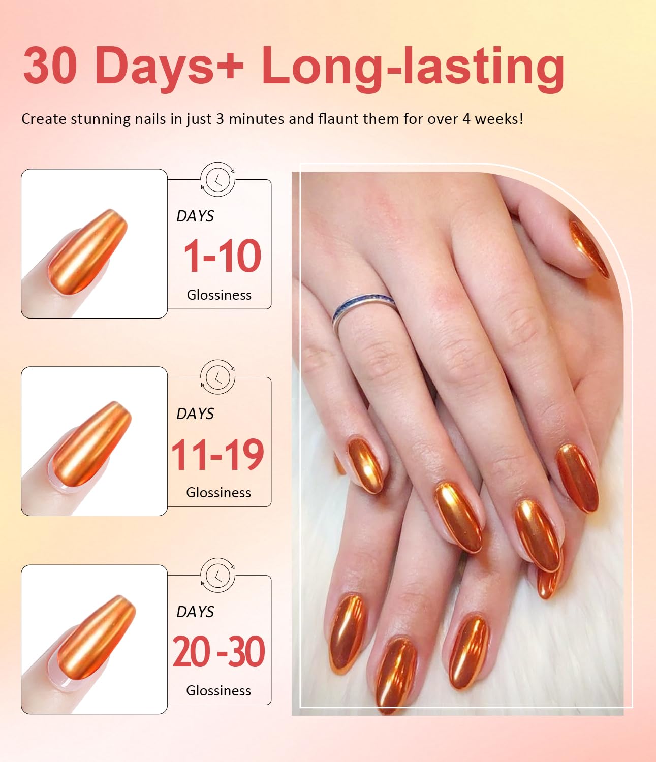 Pearl Chrome Nail Powder BISHENGYF -【Metallic Mirror Effect】 Orange Chrome Nail Powder White Clear Aurora Mermaid Iridescent Chrome Powder for Nails Pigment Glitter Dust for Manicure Decroation DIY