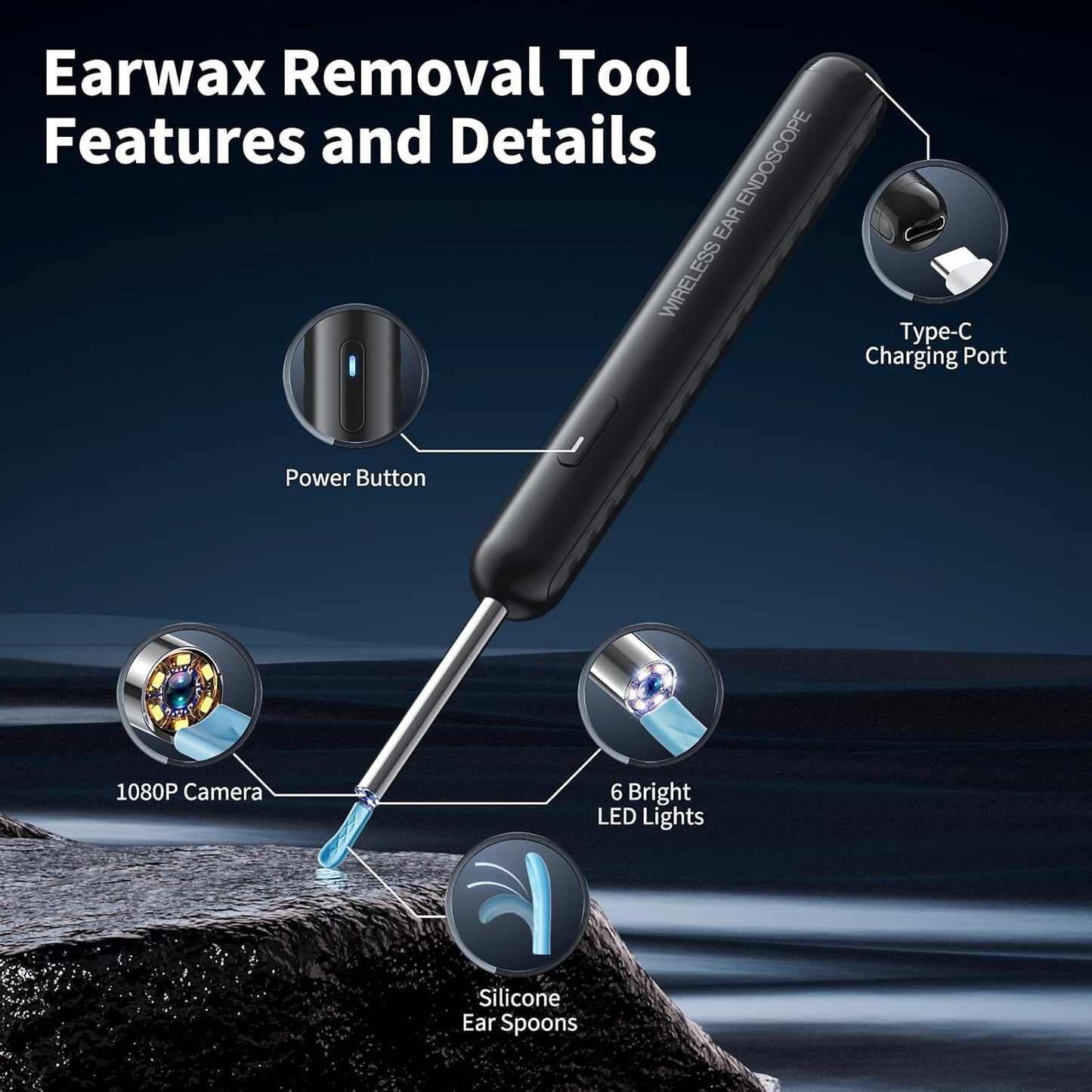 Ear Wax Removal, Ear Cleaner with Camera and Light, FSA - HSA Eligible, Ear Wax Removal Tool Camera with 1080P, Ear Cleaning Kit with 6 Spoons, Ear Camera for iOS & Android (Black)