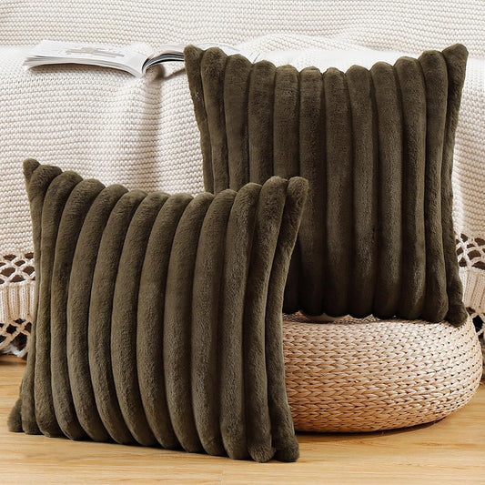 MADIZZ Set of 2 Faux Wool Plush Decorative Throw Pillow Covers 16x16 Inch Drak Brown Fluffy Striped Soft Decorative Cushion Cover for Sofa Bedroom Pillow Shell