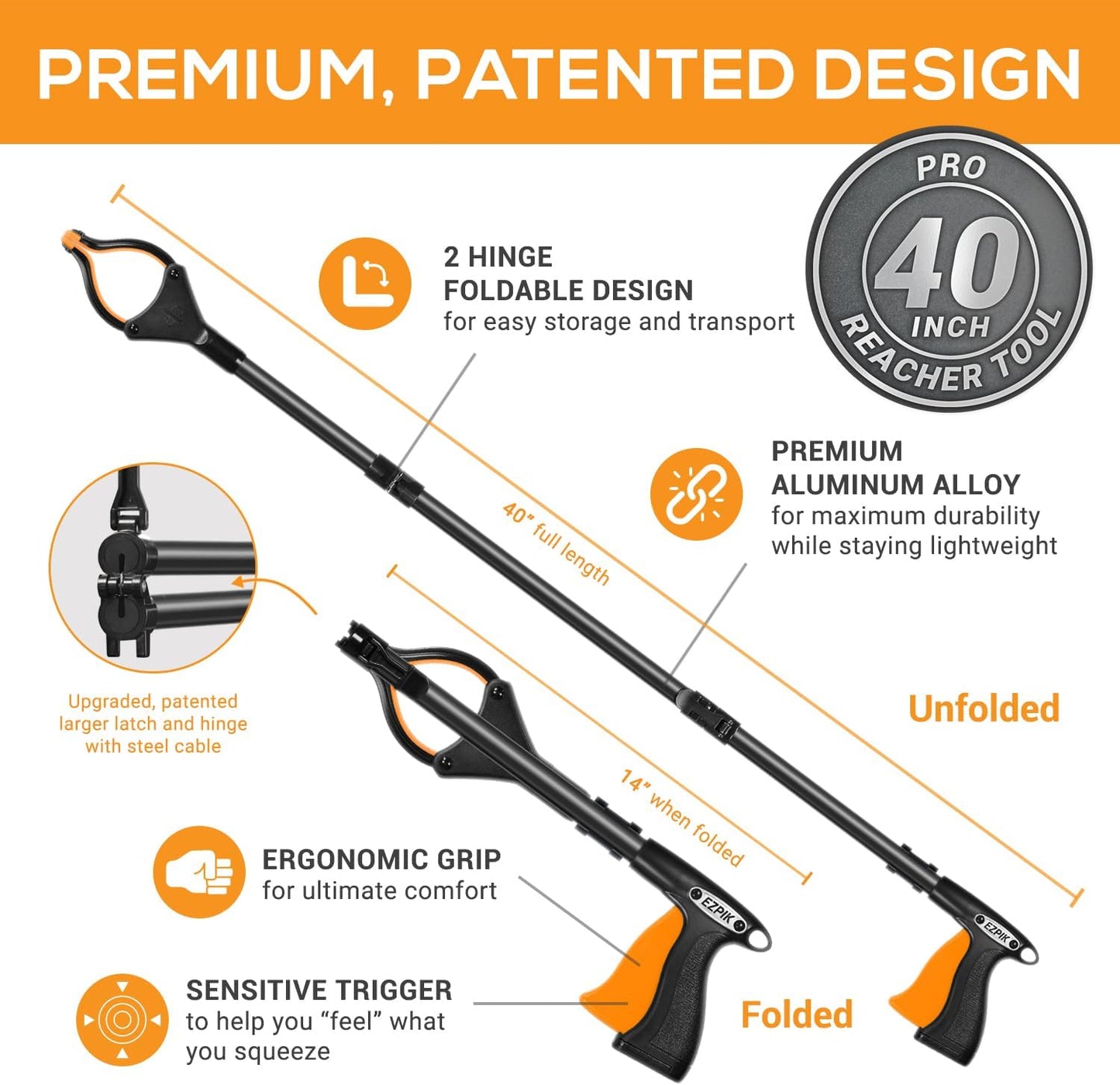 EZPIK 40" long extended grabber reacher tool for elderly - trash hand grabber pickup sticks for seniors - telescoping extension grabber claw pickup tool - hand extension magnetic folding grabber 2pack