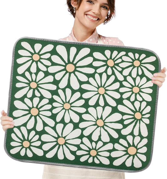 SHIYUE Dish Drying Mat for Kitchen Counter Super Absorbent Spring Kitchen Decor Microfiber Drying Matainers Rack Fast Pad Dish Drainer Mats(Green Flower,18''x24'')