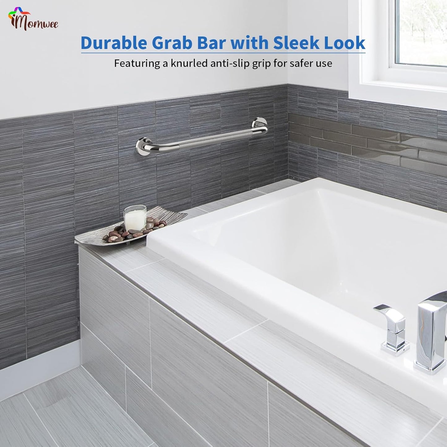 2 Pack 32 Inch Shower Grab Bar with Anti-Slip Grip, iMomwee Chrome Stainless Steel Bathroom Grab Bar Handle, Shower Balance Bar, Safety Hand Rail Support, Handicap Elderly Senior Assist Bath Handle