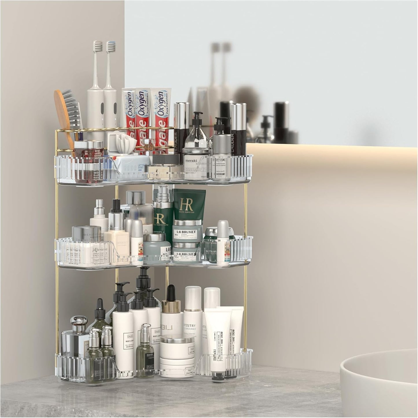 Makeup Organizer Countertop 3 Tier, Corner Bathroom Countertop Organizer with Toothbrush and Makeup Brush Holder, Corner Vanity Tray for Skincare Organization