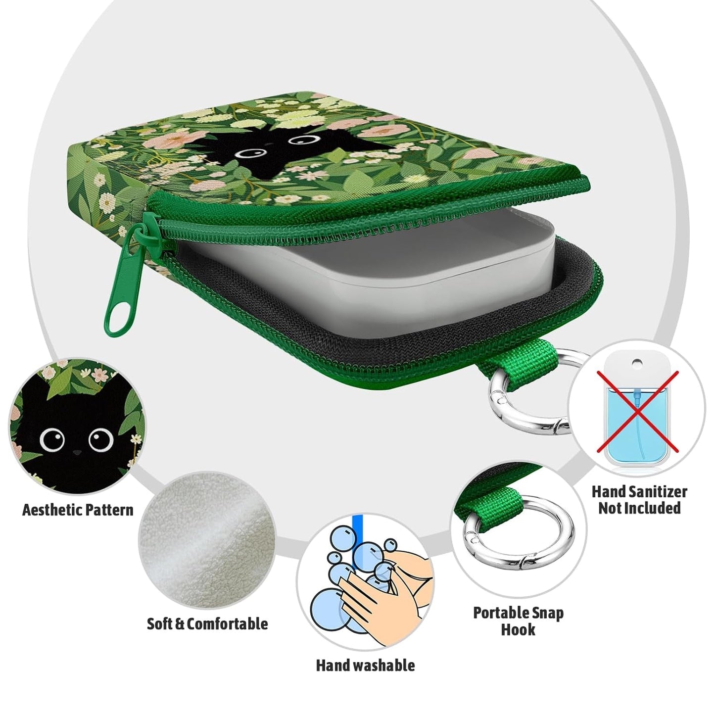 Black Cat Garden Hand Sanitizer Spray Case, Hand Sanitizer Holder Zippered Pouch, Cute Fashion Accessory with Snap Hook for Glow Mist and Power Mist 1FL OZ