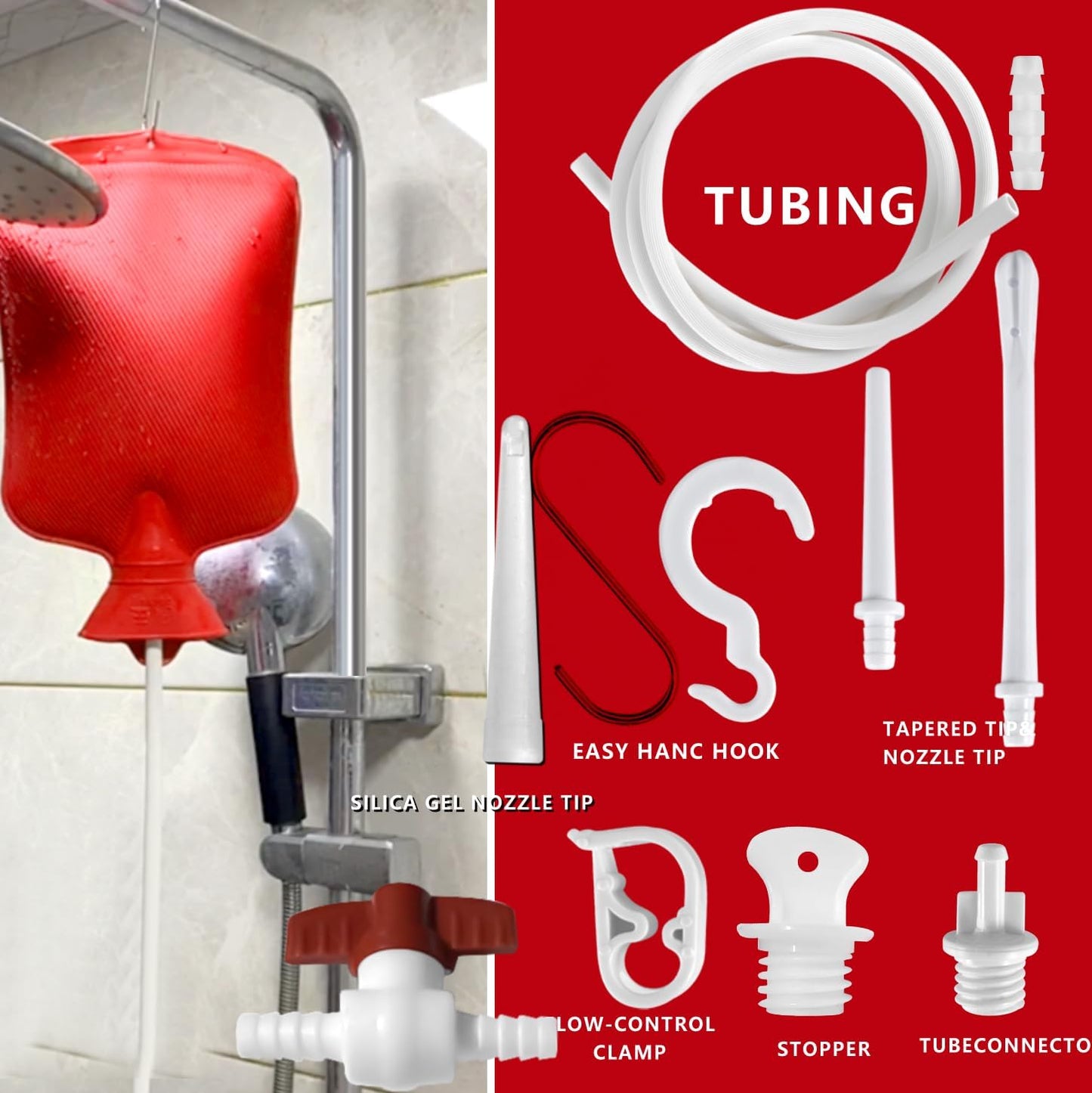 2 L Home Enema Bag Kit with 2 Enema Tips,60 inch Long Silicone Hose, Controlable Water Flow Valve, Hot-Water Bottle for Colon Cleansing Enemas (Upgraded-red)