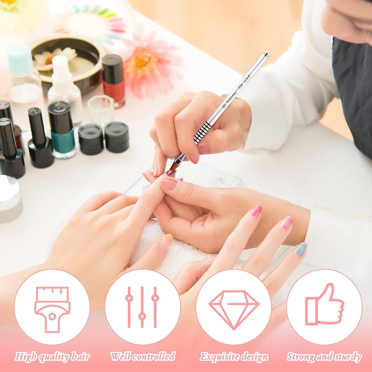 Patelai 3 Pcs Kolinsky 3D Nail Art Brush Set for Acrylic Powder Sculpture Nail Art Brush Size 6/8/10 with silver Metal Nonslip Grip Handle for Acrylic Powder Application