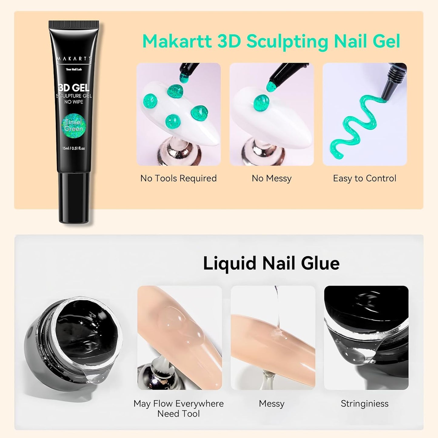 Makartt 3D Gel Nail Art- 3D Nail Gel Sculpting Gel for Nail Designs 15ml 3 in 1 No Wipe Polish for Drawing Carving Nails Molding Gels for Nail Decoration Charms- Tinsel Green