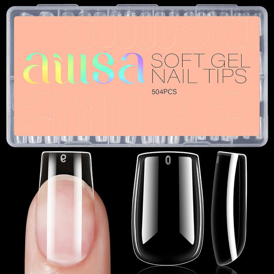 AILLSA Short Square Nail Tips - 504pcs Clear Soft Nail Tips Full Cover Gel Nails Tips Pre-shaped Acrylic for Extensions Easy for Home DIY Nail Salon 12 Sizes