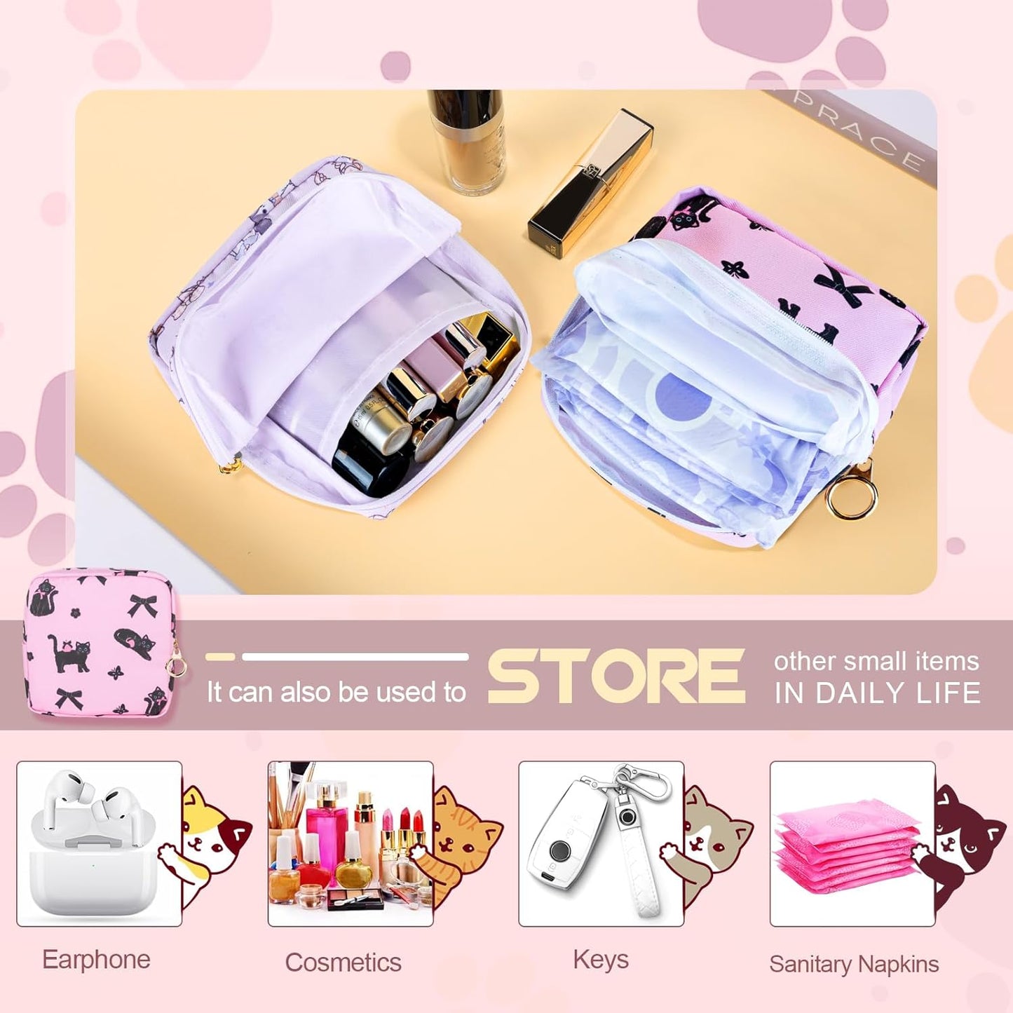 Tampon Holder for Purse, Canvas Period Bag Sanitary Napkin Storage Bag for Girls Womens, Portable Feminine Emergency Pad Period Pouch(Bow-Tie Black Cat)