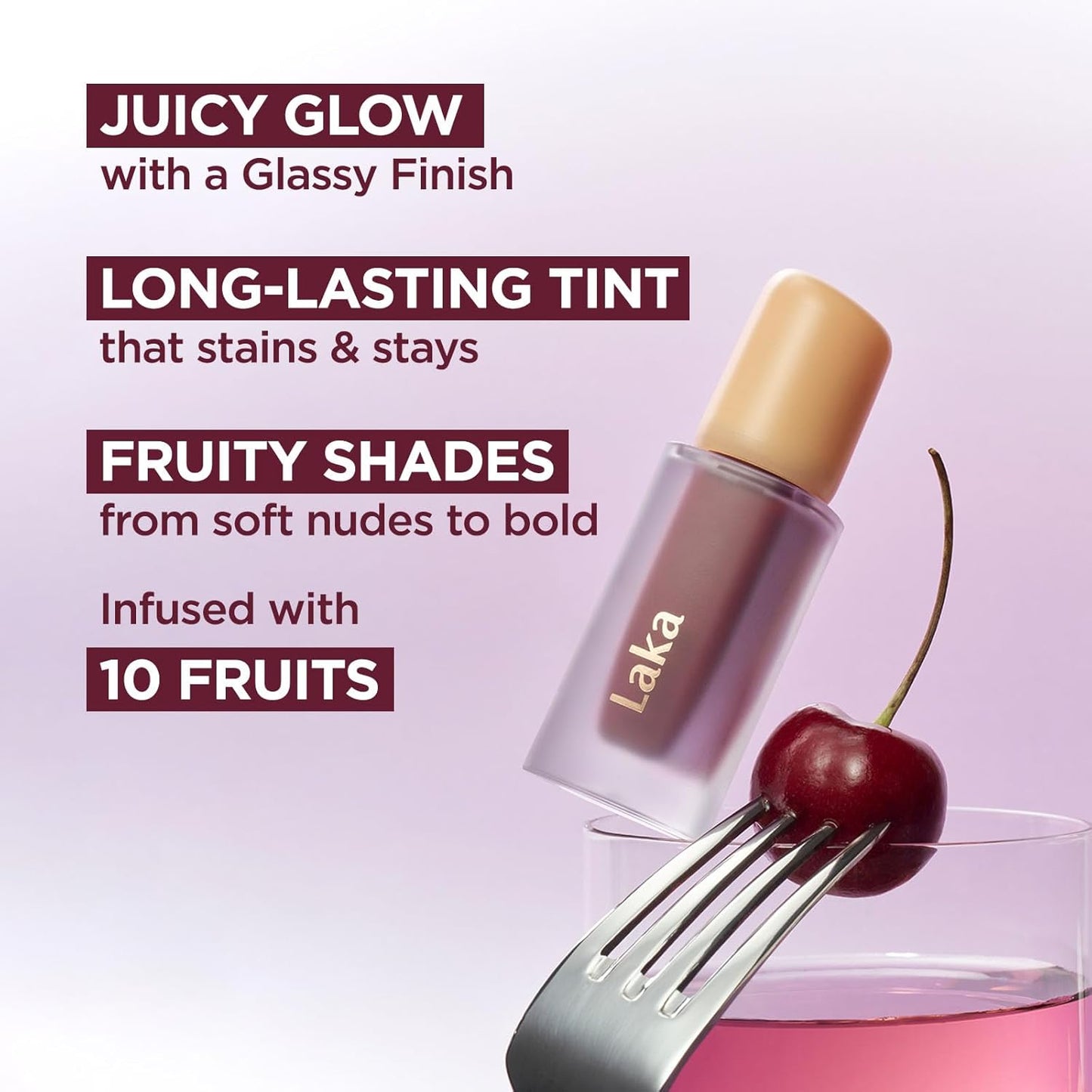 Laka Fruity Glam Tint, 4.5g/0.15 oz., Glowing Lip Stain with Wide Color Spectrum, Hydrating & Lightweight Texture, Long-Lasting Bold Stain, Non-Sticky, Vegan, K-Beauty (#120 Caffeine Rose)