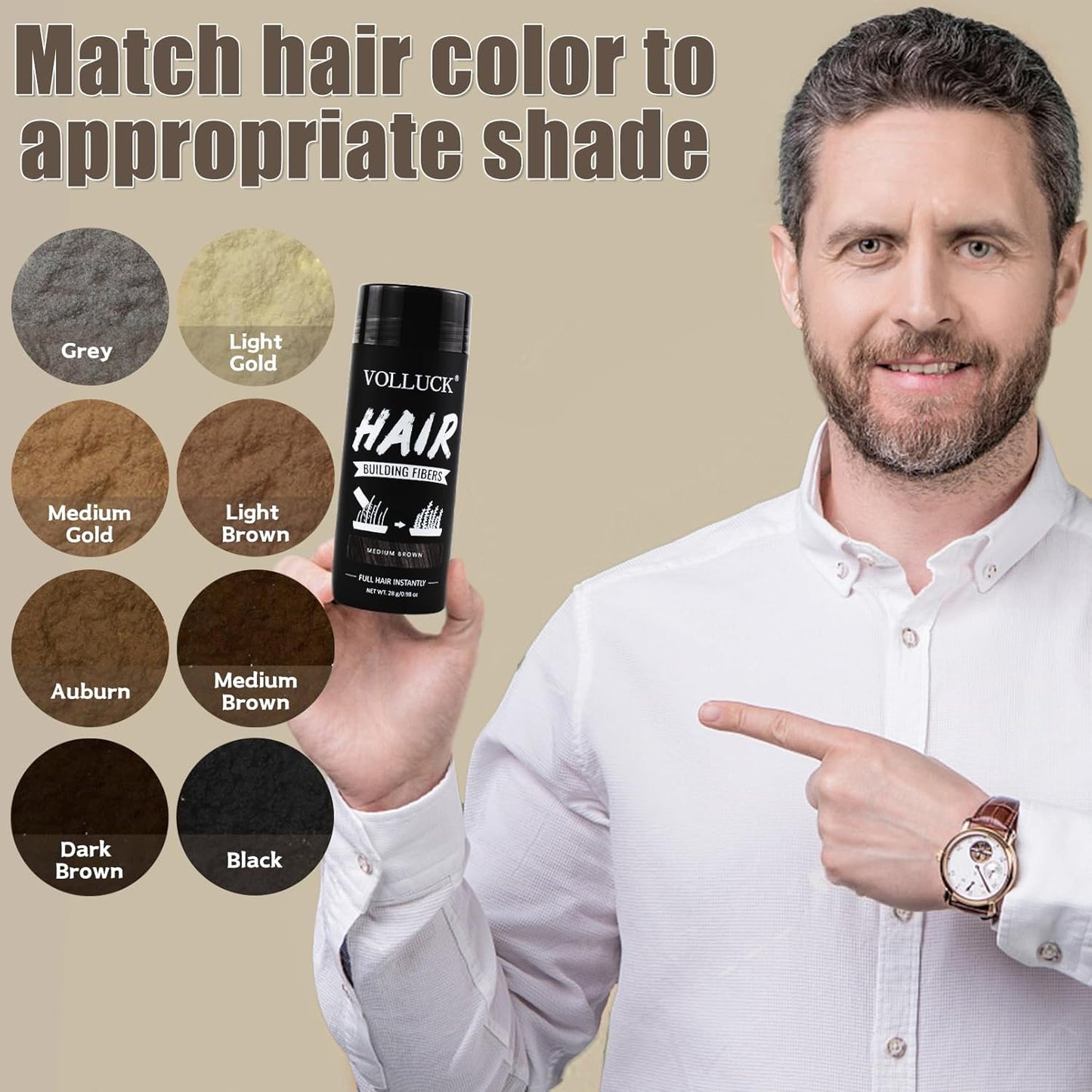 VOLLUCK Hair Fibers for Thinning Hair, Instant Coverage Hair Building Fibers for Women and men, Natural Hair Powder for Conceal Hair Loss 28 g (Medium Brown)