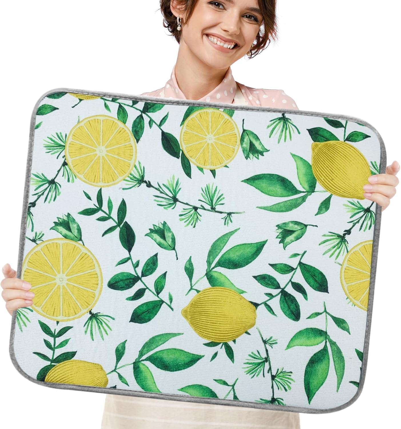 SHIYUE Dish Drying Mat for Kitchen Counter Super Absorbent Spring Kitchen Decor Microfiber Drying Matainers Rack Fast Pad Dish Drainer Mats(Yellow Lemon Green Leaves,18''x24'')