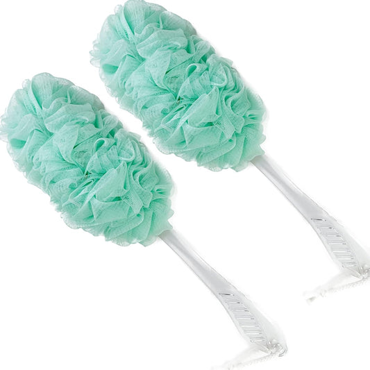PPHAO - Bath Loofahs on a Stick for Men - Bath Brush Long Handle for Shower Elderly - Loofah Sponge for Women - Plastic Loofah - Bath Body Brush - Green Loofah - 2Pack