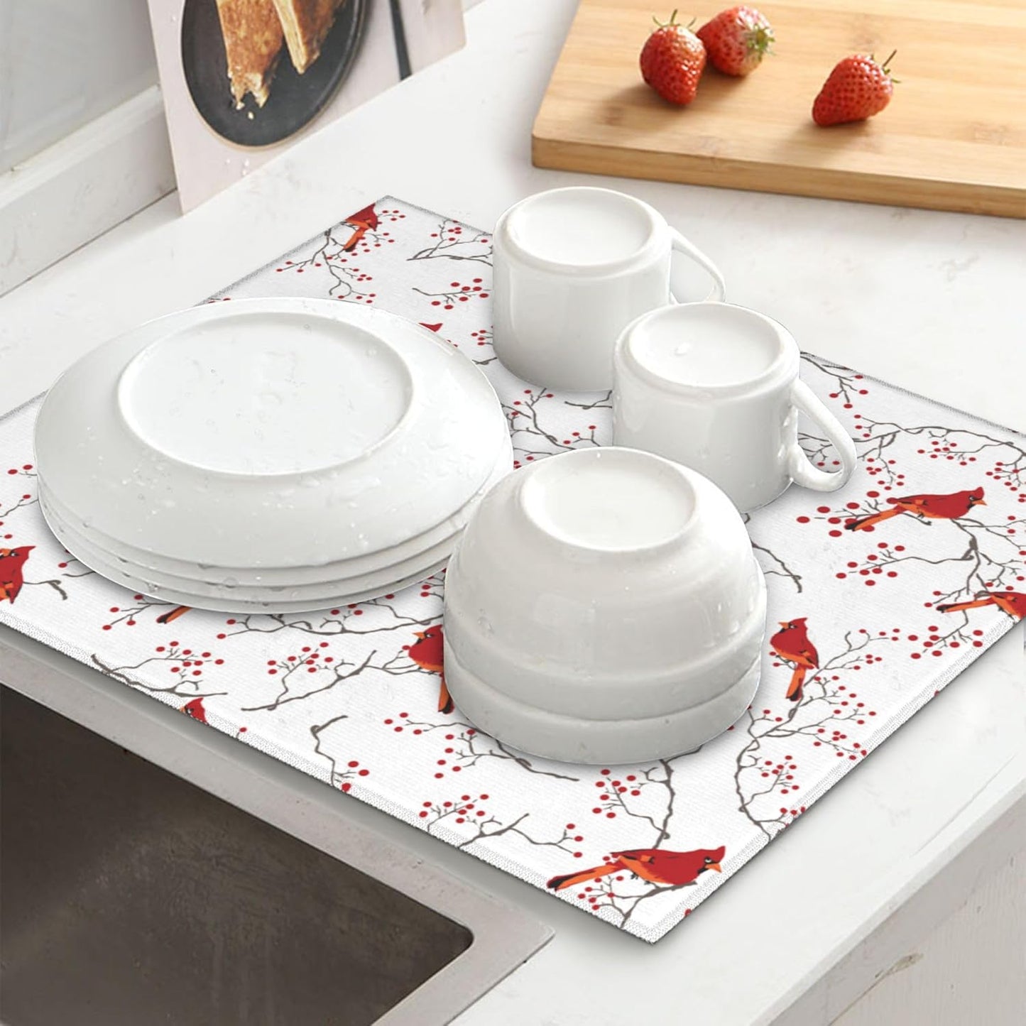 Cardinal Bird Red Berry Decor Kitchen Drying Mat Cute Microfiber Dish Drainer Mat for Kitchen Counter Absorbent Reusable Washable Home Holiday Decor 16x18 Inch