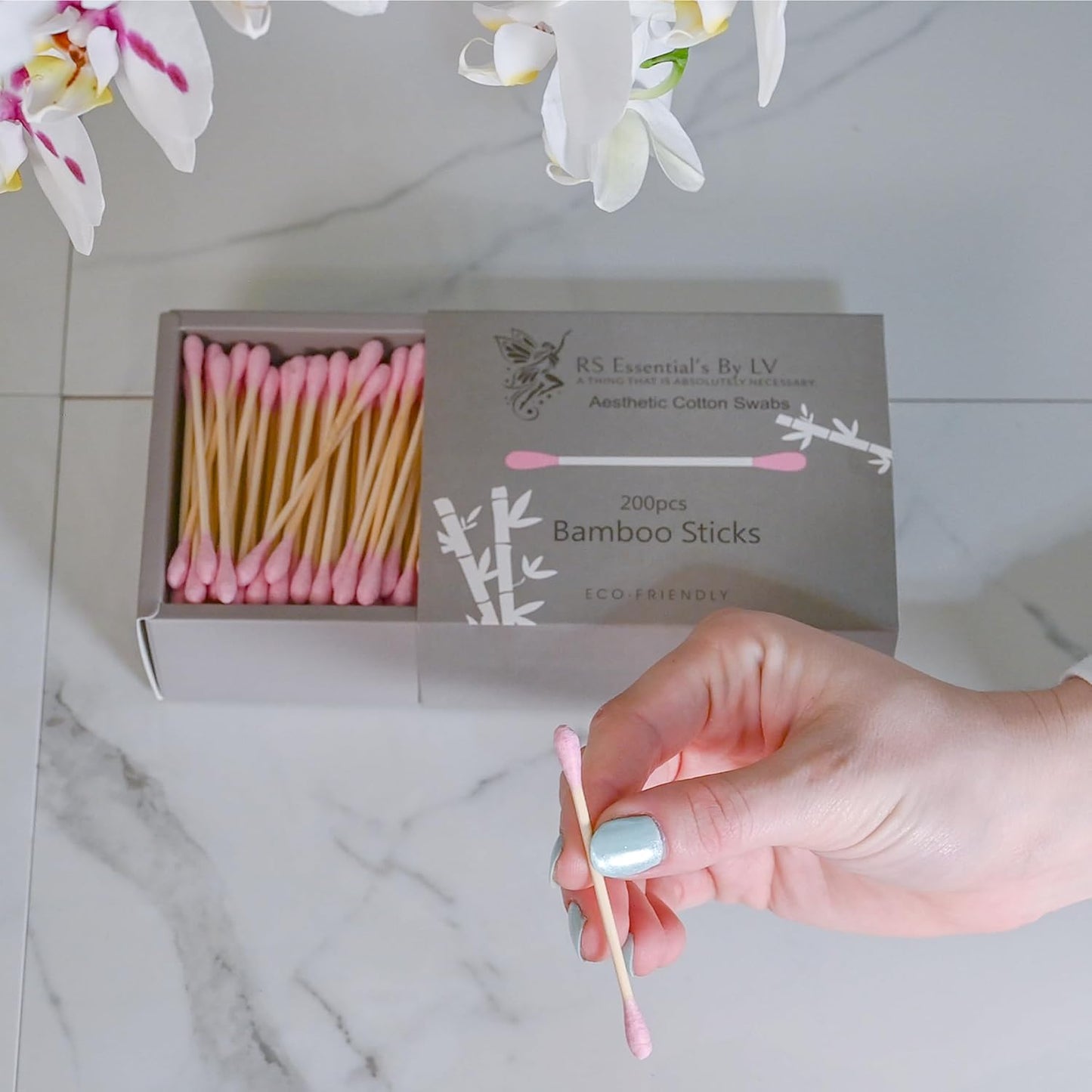 RS ESSENTIAL'S BY LV: Aesthetic Cotton Swabs Sticks Ear Swabs Bamboo swabs 200 Count Cotton Buds In 5 Colorful Colors (Pink)