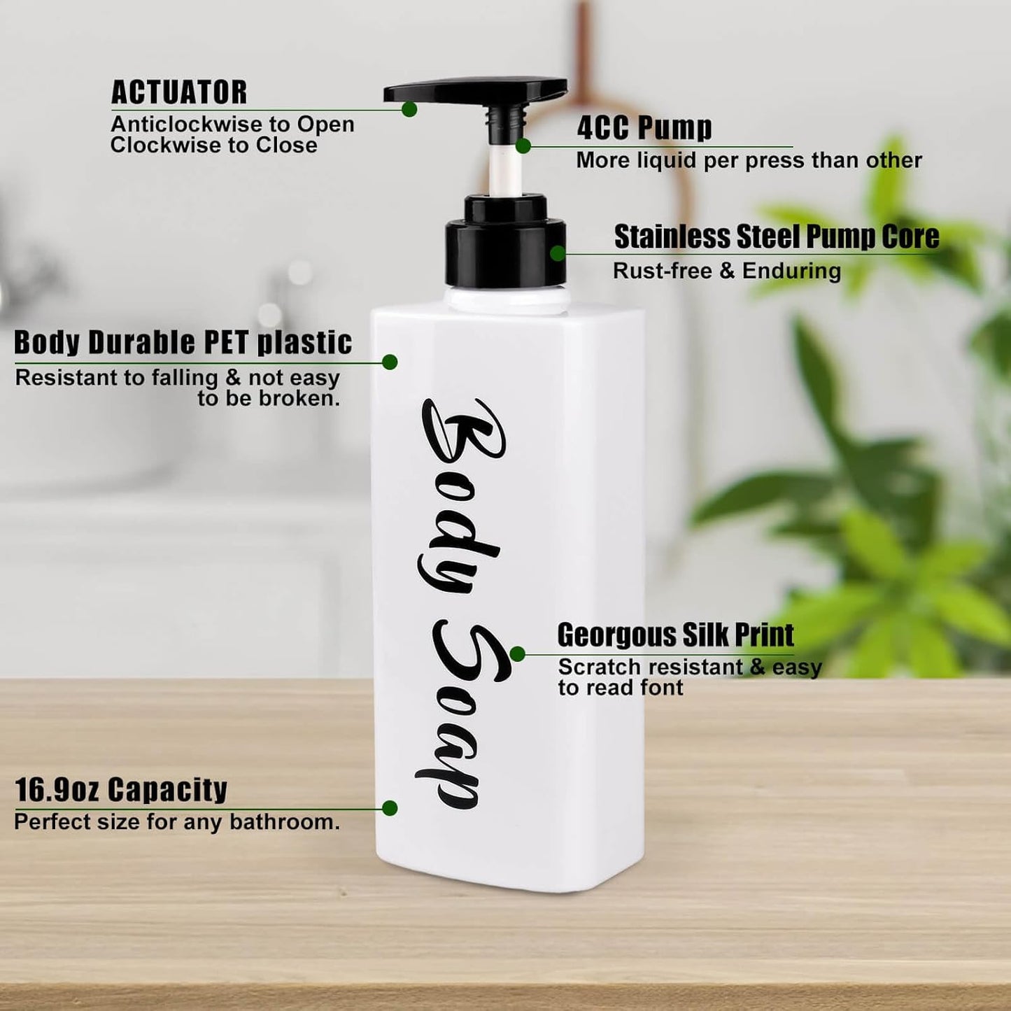 16.9oz Shampoo and Conditioner Dispenser, Refillable Shampoo Bottles with Pump, Empty Plastic Body Wash Dispensers for Bathroom, Printed Soap Bottle for Body and Conditioner (White, Set of 3)