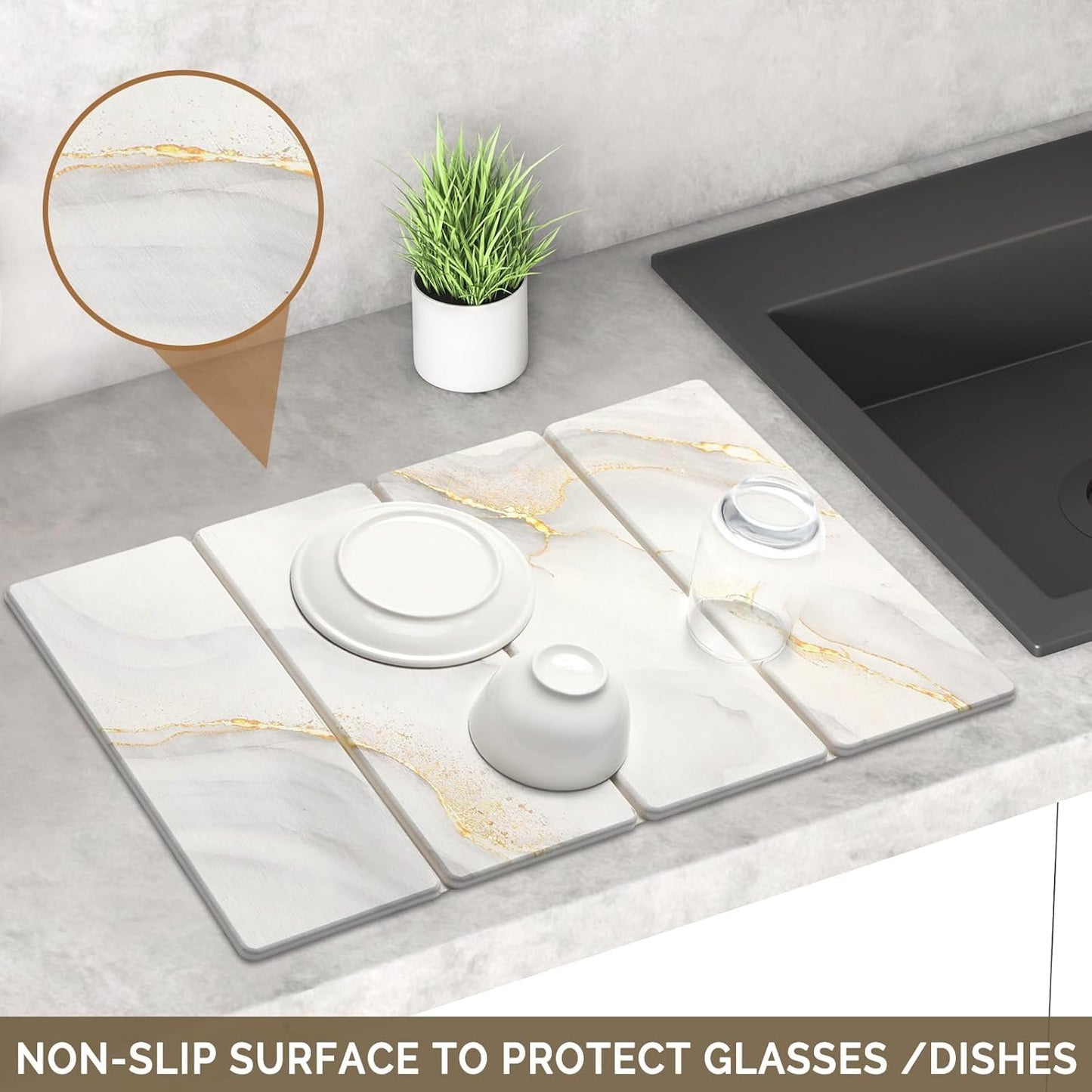 2 PCS Large Stone Dish Drying Mat for Kitchen Counter Quick Dry Stone Dishes Mats Marbled Water Absorbing Diatomaceous Earth Drying Pad for Countertop Bottles Utensils Cups (Gold White 24"x16"&8"x4")