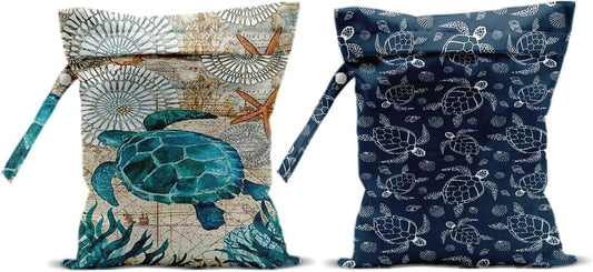 2Pcs Turtle Wet Bags 12x10 Inch, Shells Starfish Waterproof Wet Dry Bags, Sea Weed Washable Travel Laundry Bag for Swimsuit Beach Diapers Dirty Yoga Gym Clothes, Sea Turtle Gifts for Women Friend