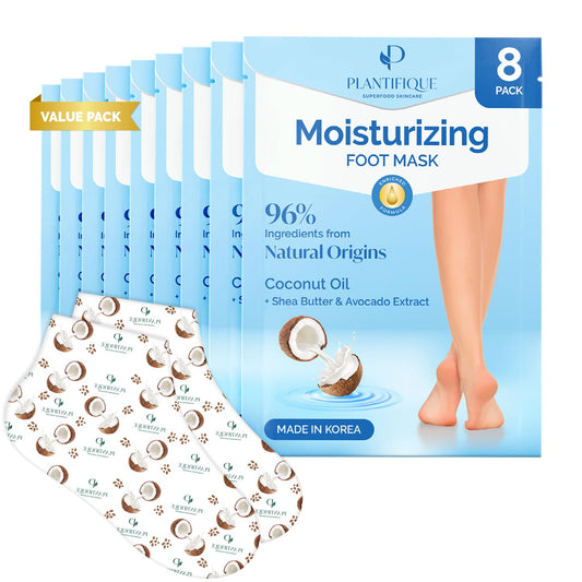 PLANTIFIQUE Korean Foot Mask with Shea Butter 8 Pairs box for Dry & Cracked Feet | Hydrating Socks for Soft Heels | Intense Moisturizing and Repairing Dry Rough Skin | Foot Spa | Happy Feet Mask