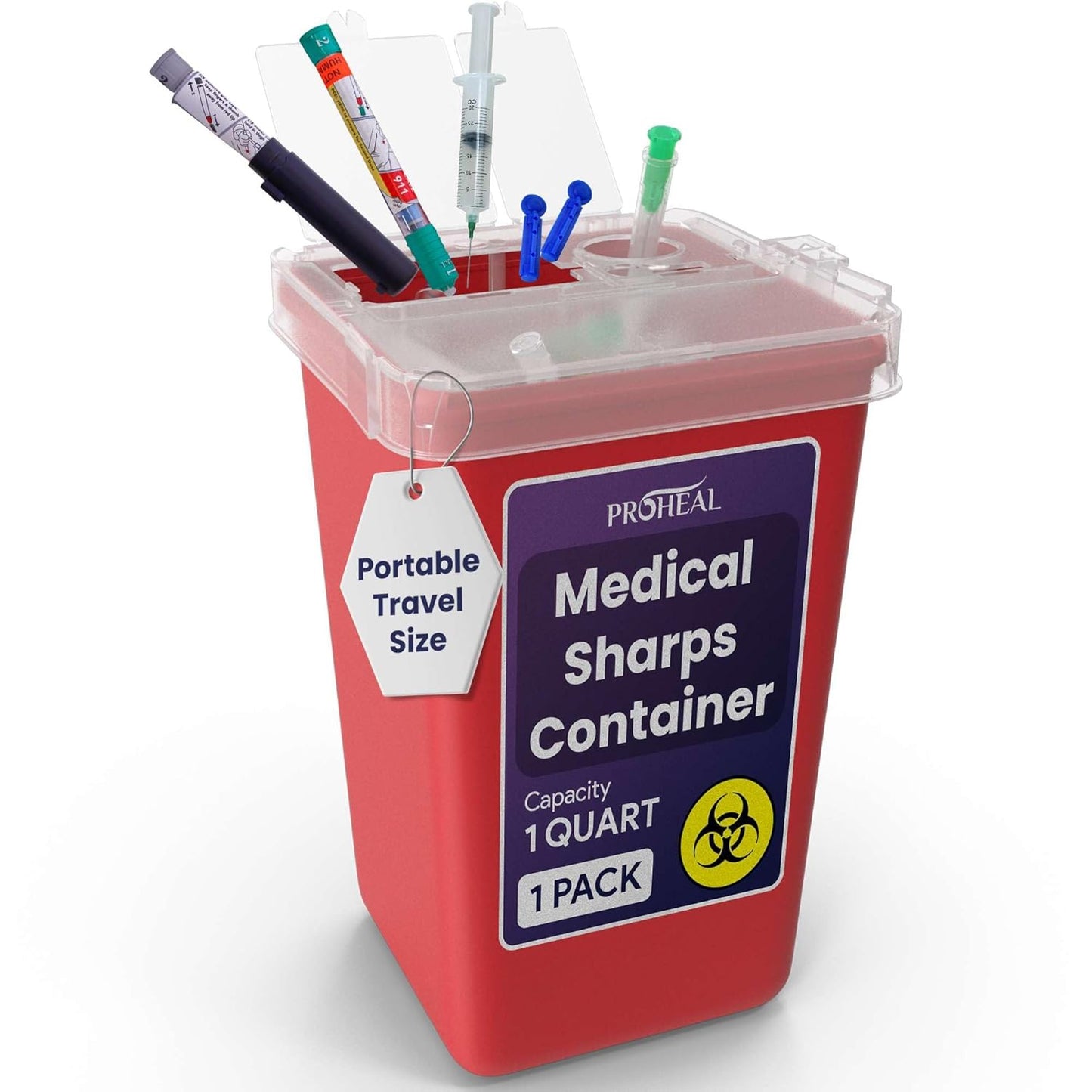 Small Sharps Containers for Home Use, 2 Pack - 1 Quart Needle Disposal Container for Diabetes Needles, Syringes, and Blades - Portable Travel Size for Biohazard Medical Waste