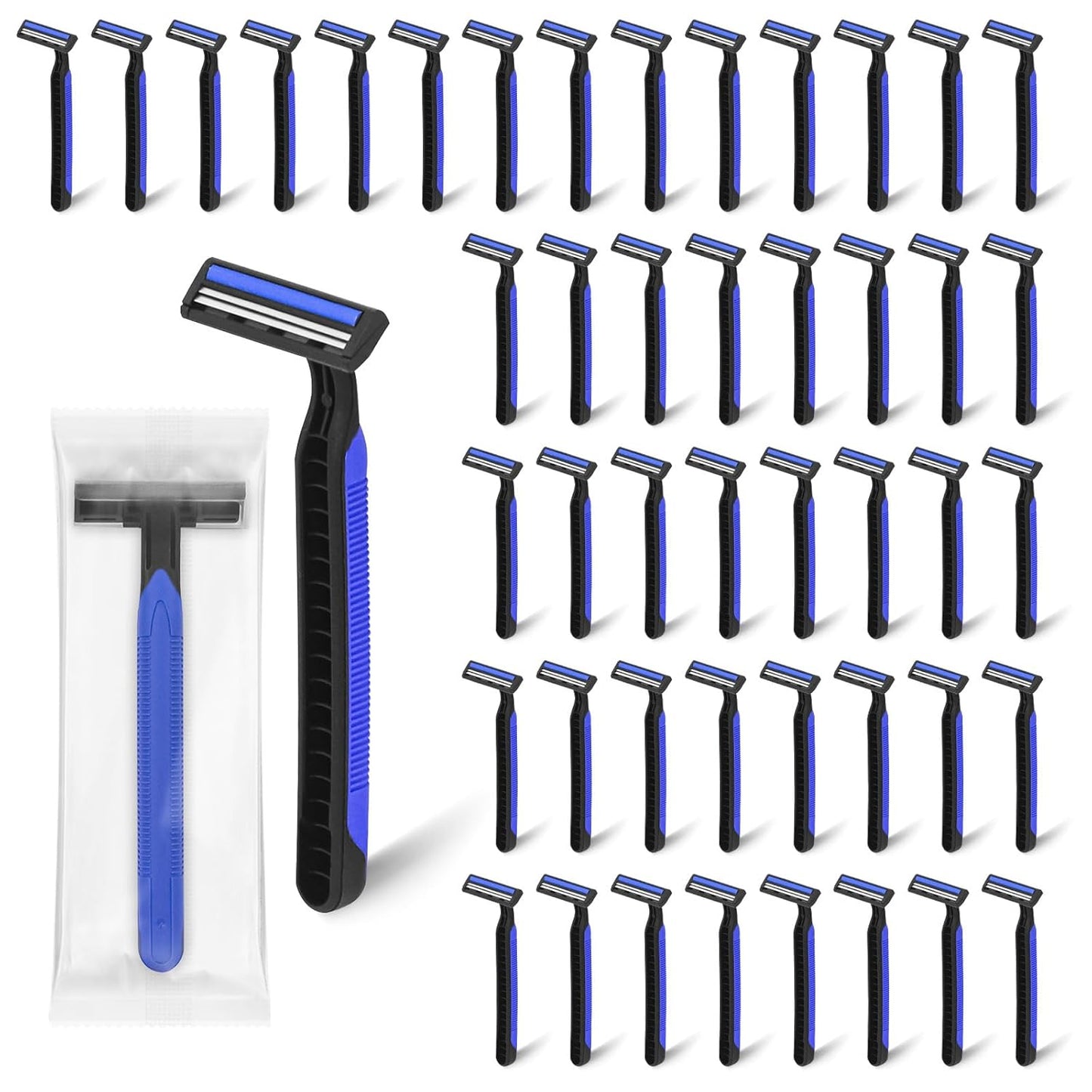 Disposable Twin Blade Razors in Bulk, Individually Wrapped - Clear Safety Cap, For Homeless, Hotel, Airbnb, Travel (pack of 30,blue)