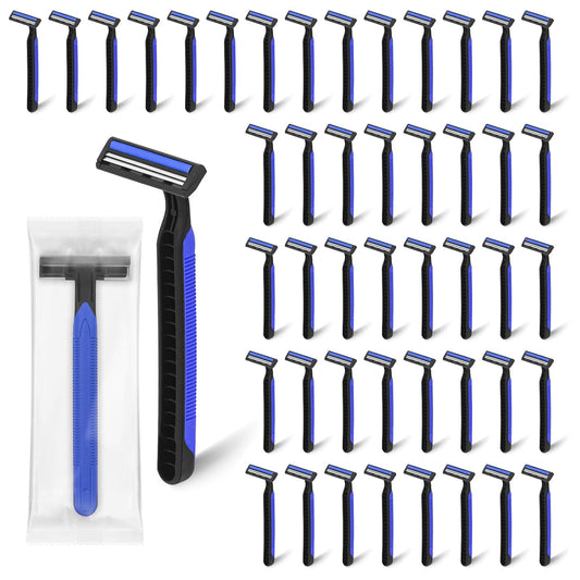 Disposable Twin Blade Razors in Bulk, Individually Wrapped - Clear Safety Cap, For Homeless, Hotel, Airbnb, Travel (pack of 100,blue)