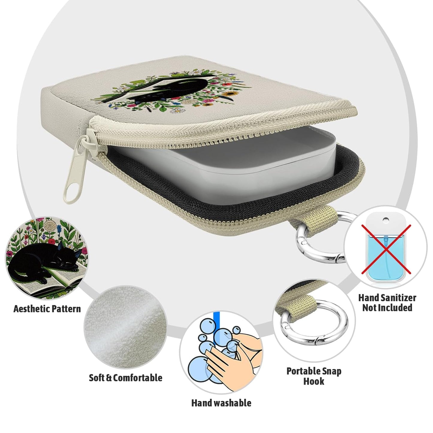 Cute Black Cat Book Hand Sanitizer Spray Case, Hand Sanitizer Holder Zippered Pouch, Cute Fashion Accessory with Snap Hook for Glow Mist and Power Mist 1FL OZ