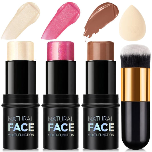 3 Pcs Contour Stick, Highlighter Stick, Blush Stick, Cream Contour Kit with Contour Brush, Create Face Contour, Non-greasy, Waterproof Long-lasting Effect for Women (1+3+4,LIGHT)