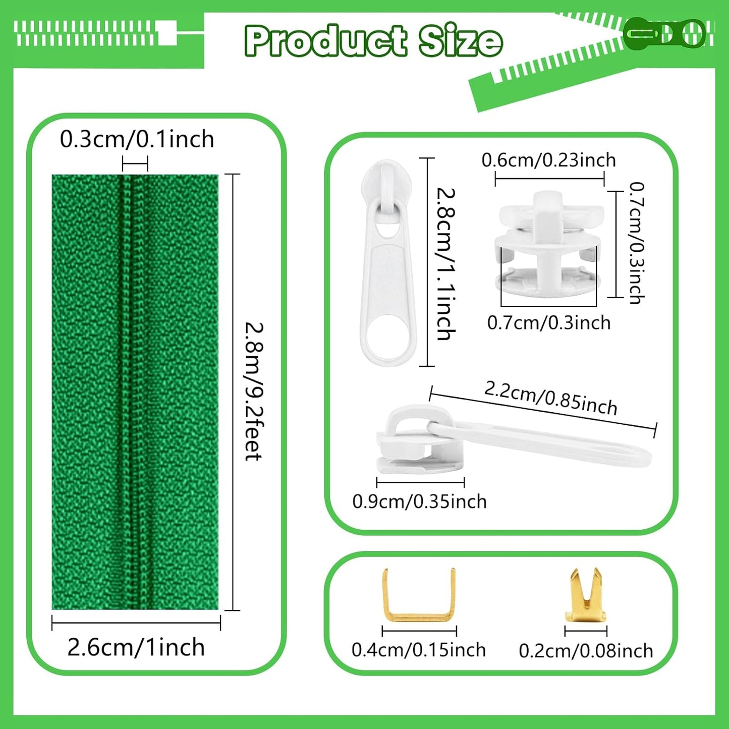 DOITEM 15.3 Yards/ 14 m 5 Pieces Assorted Colors #3 Nylon Coil Zippers, Sewing Zippers Endless Zips with 20 Pieces Zipper Sliders Zip Heads for DIY Sewing Tailor Craft Supplies (Green White)