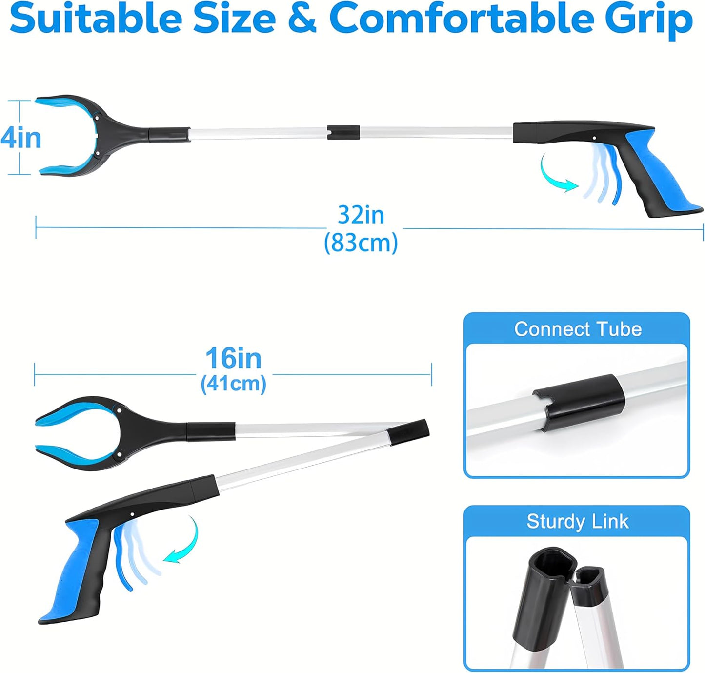 Grabber Reacher Tool - 32” Extra Long Foldable Gripper and Reaching Tool - Heavy Duty Pick Up Stick Grabbers for Seniors, Trash, Surgery Recovery Must Haves Gifts (Blue-2pc)