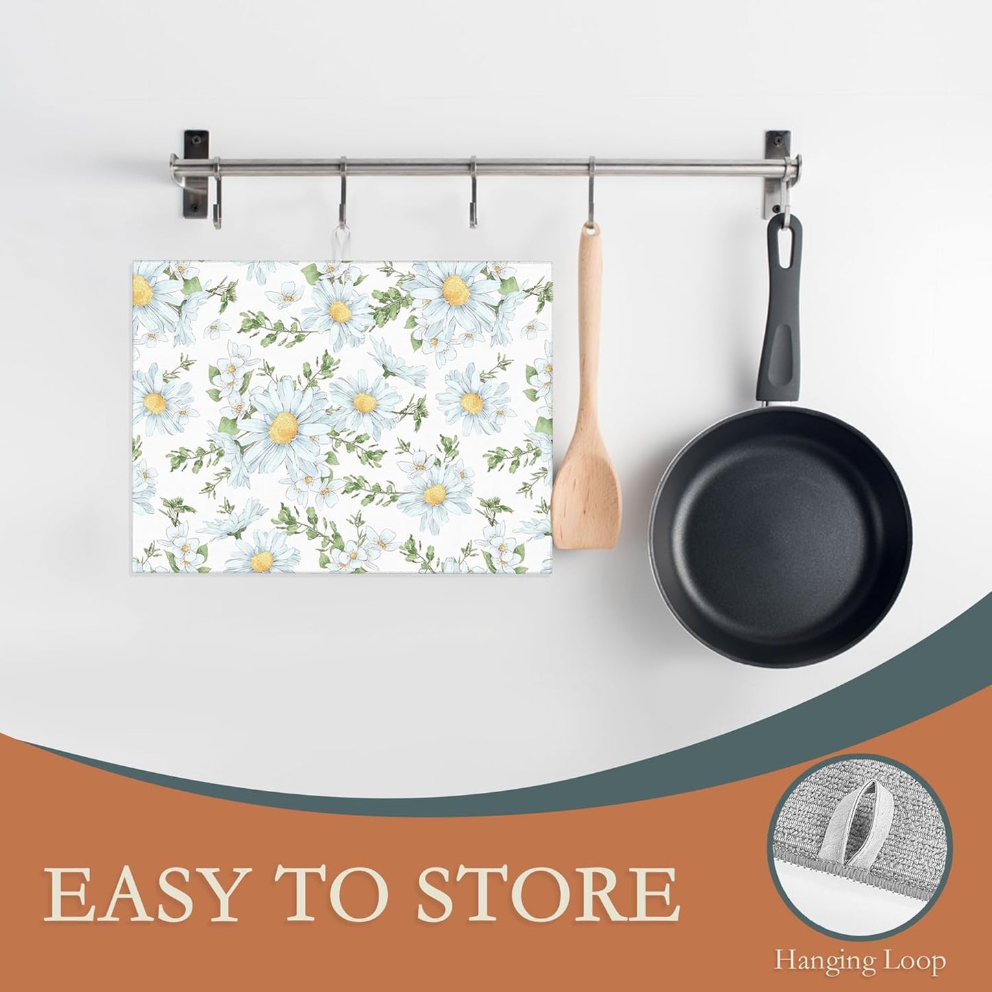 White Chamomile Flowers Dish Drying Rack Mats Decor, Dish Pad Drying Mat Kitchen Counter 18x24 Inch Absorbent Reversible Microfiber for Coffee Bar Sink Countertop