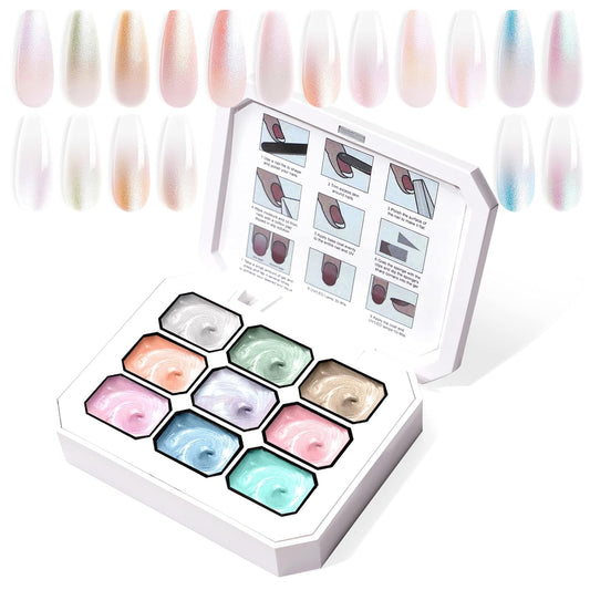 Gradient Painting Gel, 9 Colors Pearlescent Ombre Gel Nail Polish for Pigment Pat Aura Nails French Manicure Long-lasting No-wipe Soak Off UV Treasure of Pearl