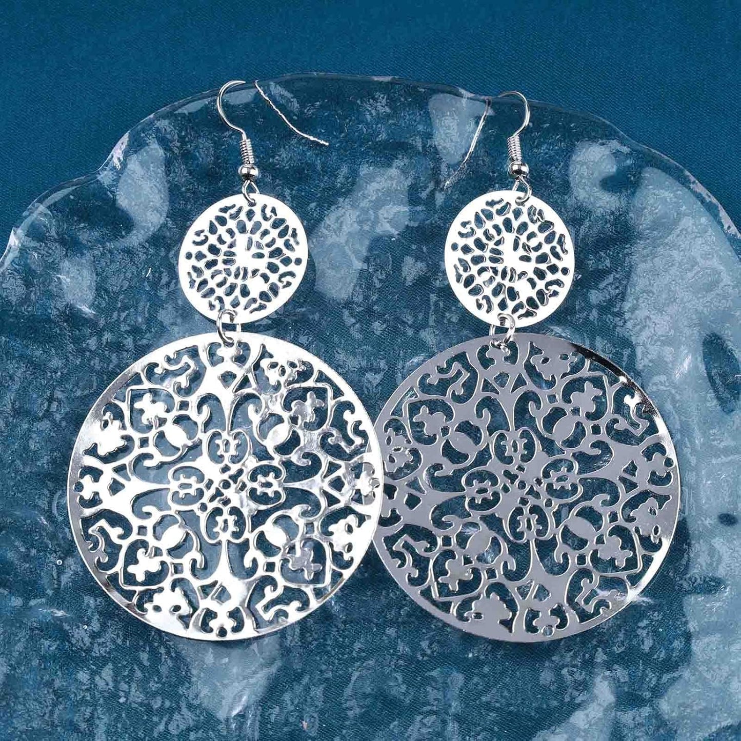 Filigree Hollow Disc Dangle Drop Earrings Boho Gold Ethnic Carved Flower Earrings Double Round Disc Drop Earrings Statement Hook Earrings Wedding Bridesmaid Jewelry for Women and Girls