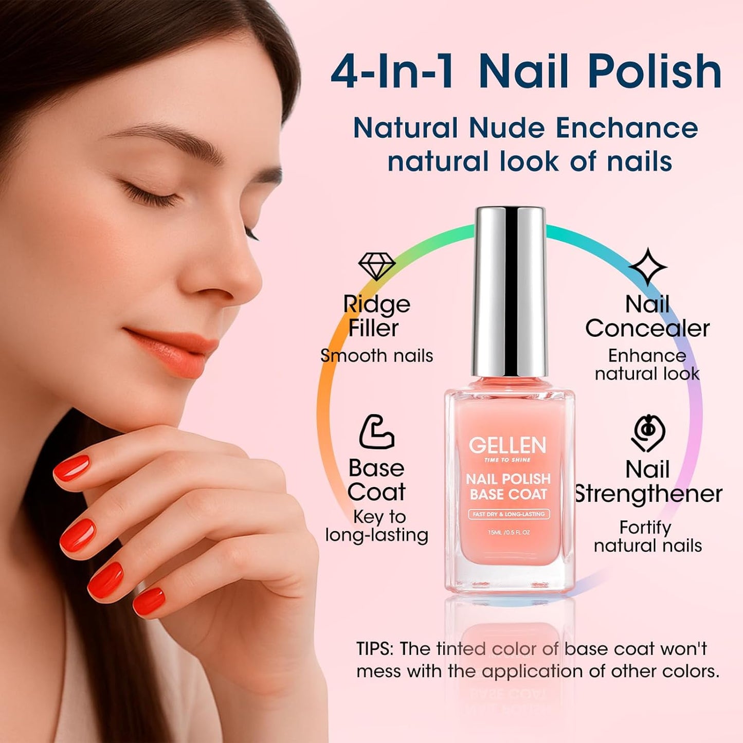 GELLEN Clear Nail Polish Base Coat Sheer Tinted Nude, Natural Color Regular Nail Polish, Calcium Formula Strengthens Nails, Enhances Natural Look, Quick Air Dry, Anti-Yellowing, Hema Free, Non-toxic