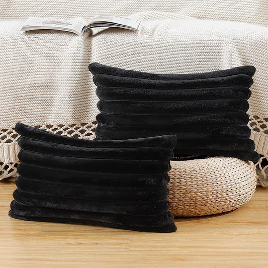 MADIZZ Set of 2 Faux Wool Plush Decorative Throw Pillow Covers 12x20 Inch Black Fluffy Striped Soft Decorative Cushion Cover for Sofa Bedroom Pillow Shell