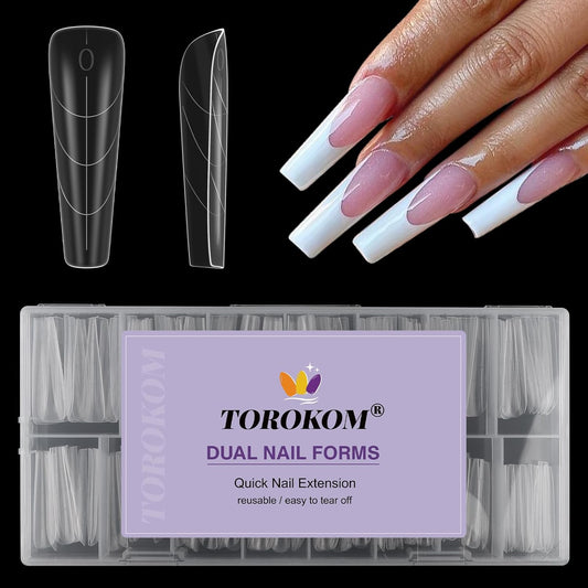 TOROKOM Nail Dual Forms for Poly Nail Gel, 150Pcs Coffin Extension Gel Nail Molds Clear Acrylic Nail Tips, Full Cover Reusable Nail Forms for Builder Nail Gel Nail Art Design Salon&DIY