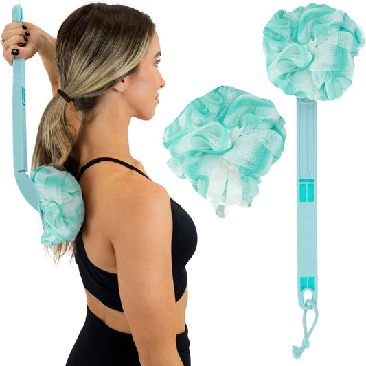 Vive Long Handled Loofah on a Stick - Mesh Back Sponge for Bath, Reusable w/Extra Pouf - Exfoliating Scrubber for Elderly & Disabled, Soft Loofa for Bathing Men & Women