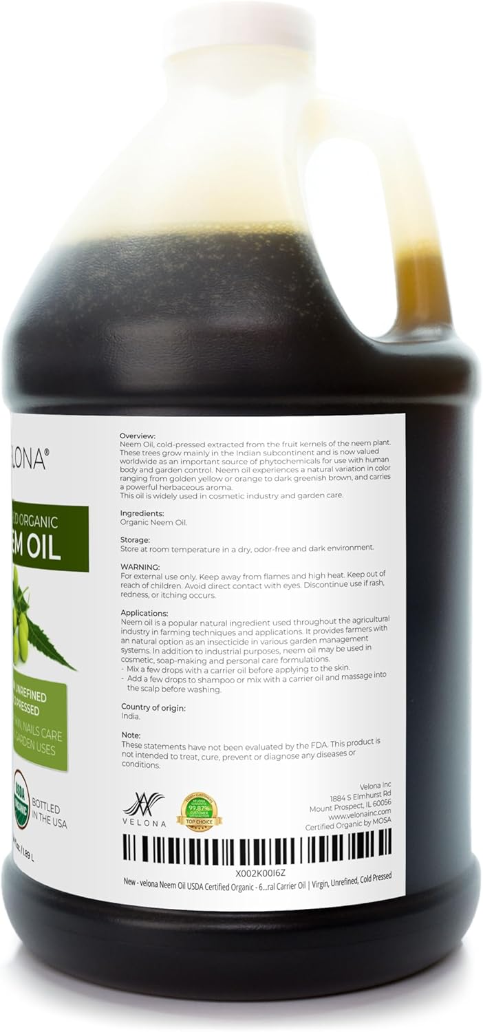 velona Neem Oil USDA Certified Organic - 64 Fl Oz | 100% Pure and Natural Carrier Oil | Virgin, Unrefined, Cold Pressed | Hair, Body and Skin Care | Use Today - Enjoy Results